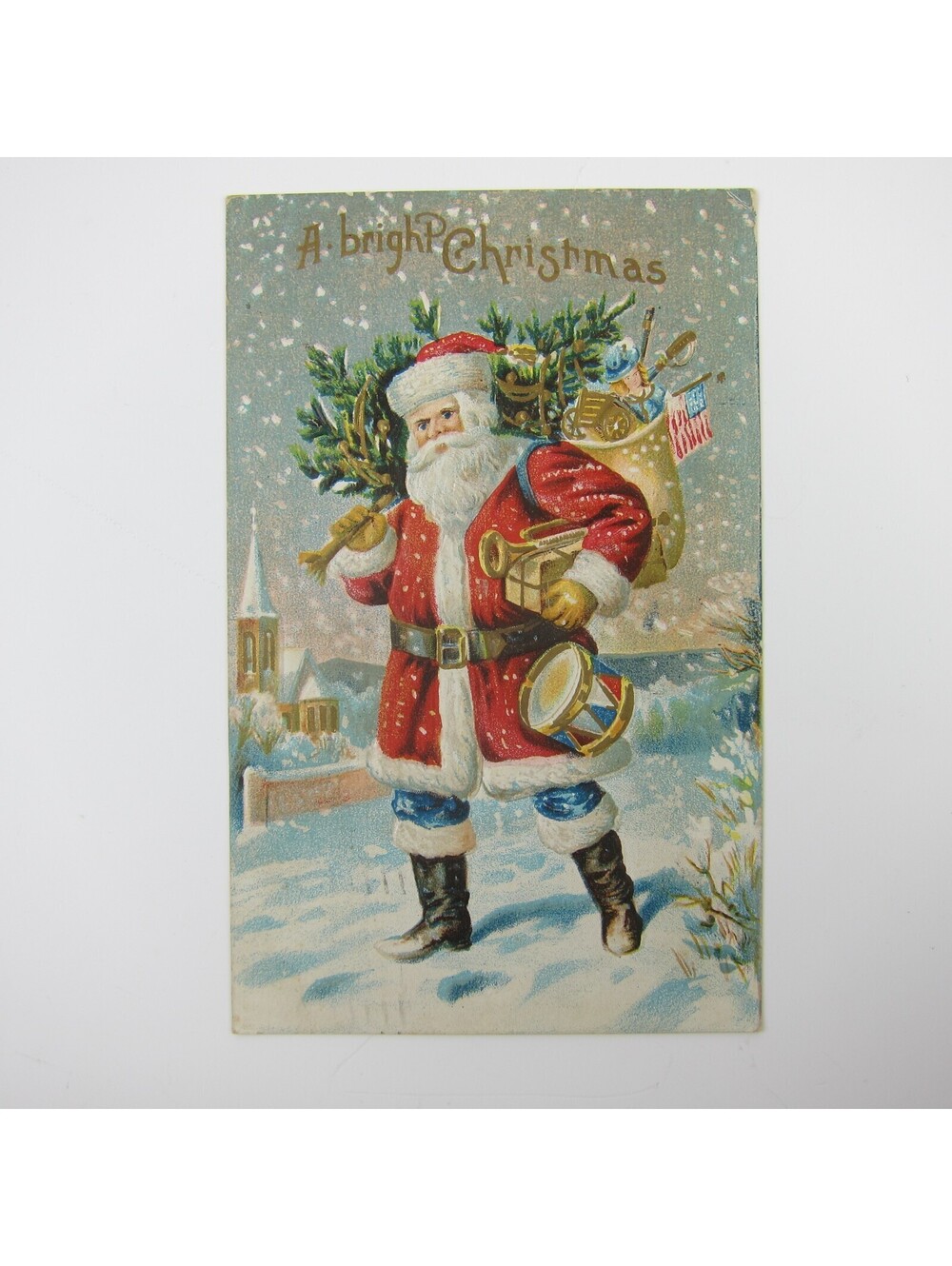 Vintage Christmas Postcard Santa Toys Tree American Flag Embossed Antique 1908